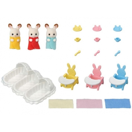 Sylvanian Families - Triplés lapin chocolat et accessoires puériculture
