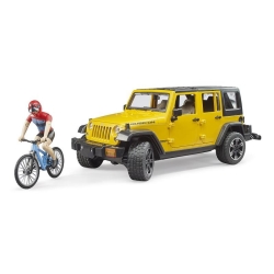 Jeep Wrangler Rubicon jaune avec cycliste