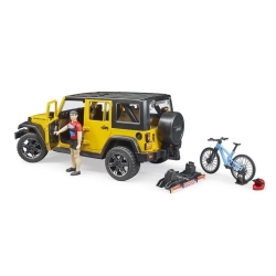 Jeep Wrangler Rubicon jaune avec cycliste
