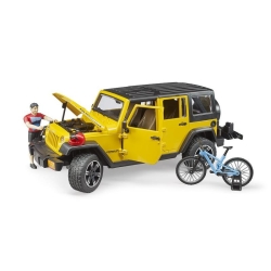Jeep Wrangler Rubicon jaune avec cycliste