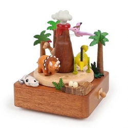 Boîte à musique en bois - Volcan et dinosaures