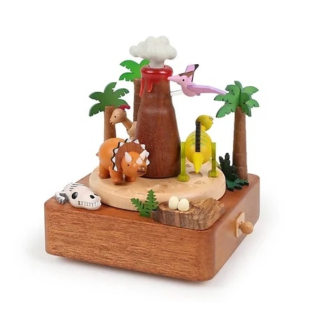 Boîte à musique en bois - Volcan et dinosaures