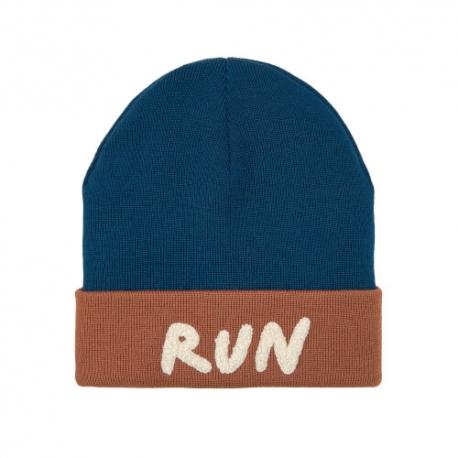 Little gang - Bonnet Run en laine bleu et brun 1-3 ans